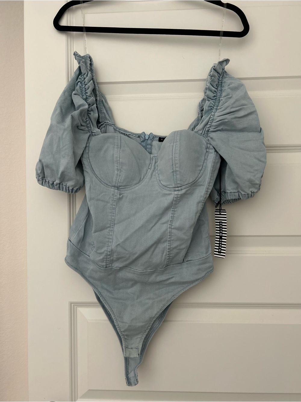 Light Blue Puff Sleeve Denim One-Piece Bodysuit